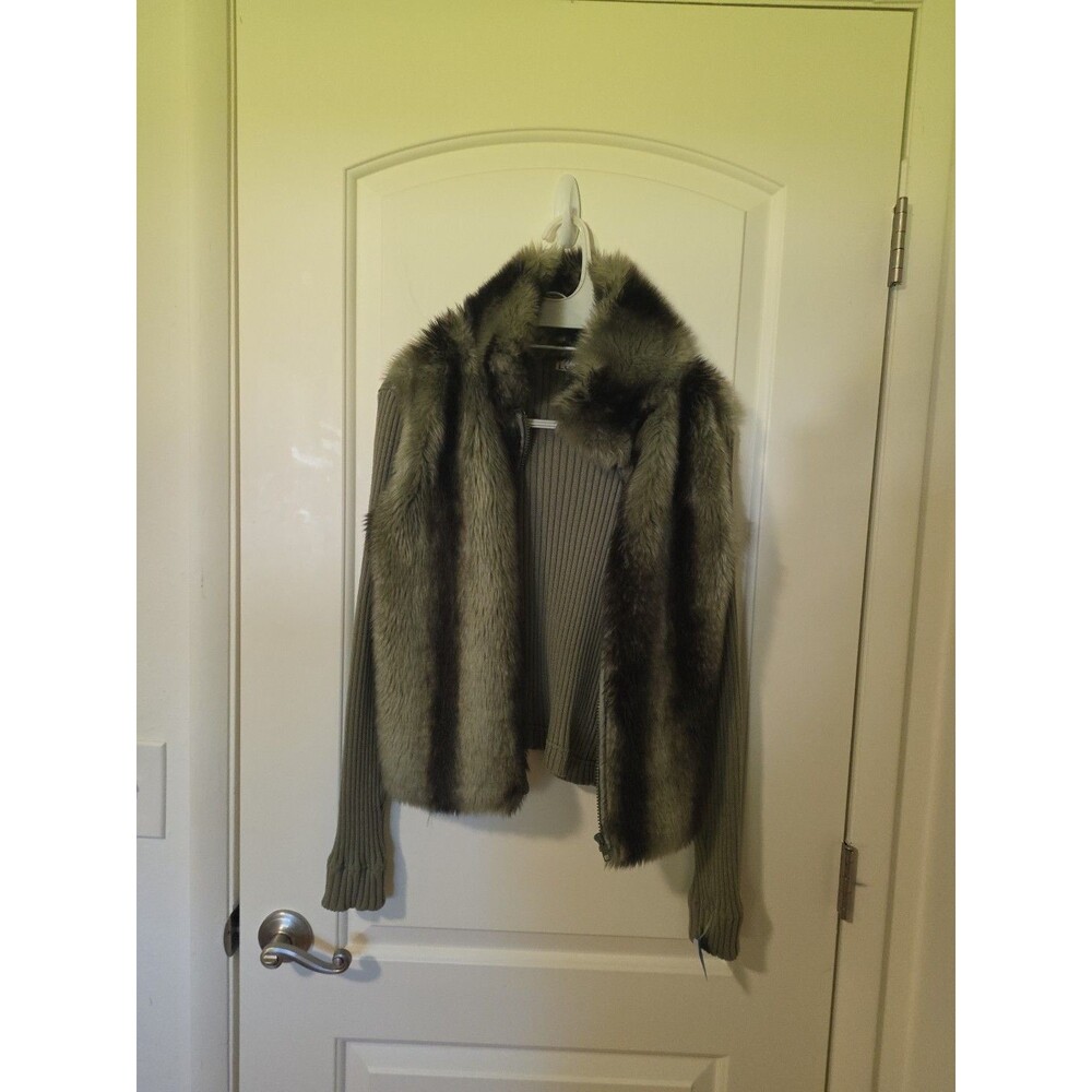VINTAGE Womens Green Wool Ribbed Knit Faux Fur Sweater Y2K S-M Luxury